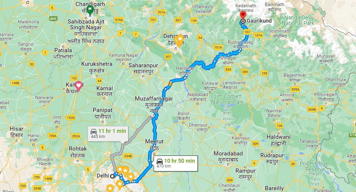 Delhi to Kedarnath distance and route map