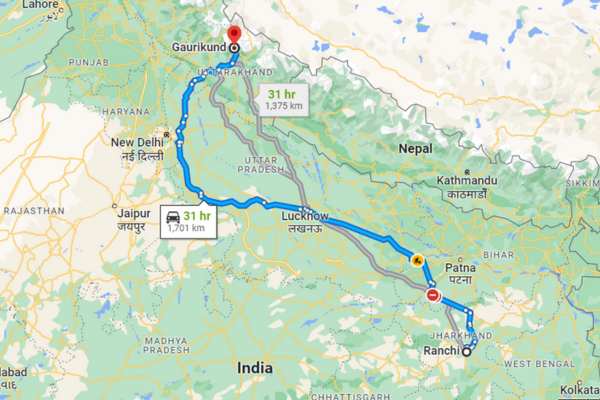 ranchi to kedarnath map