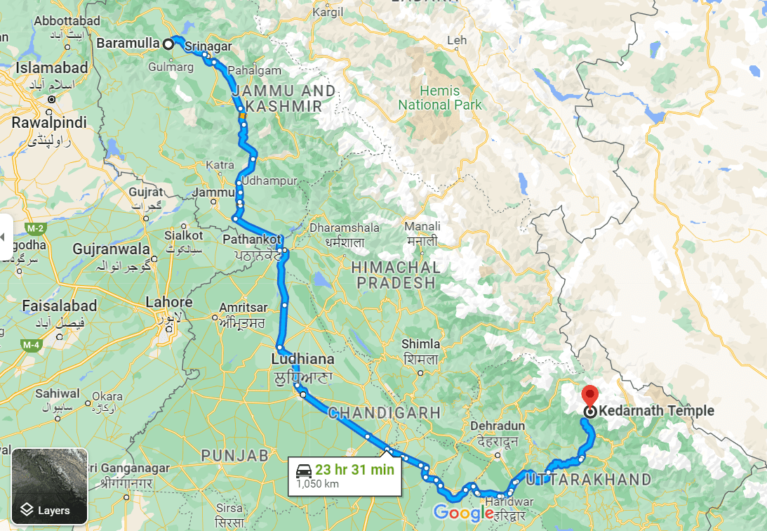 Baramulla to Kedarnath Distance on map