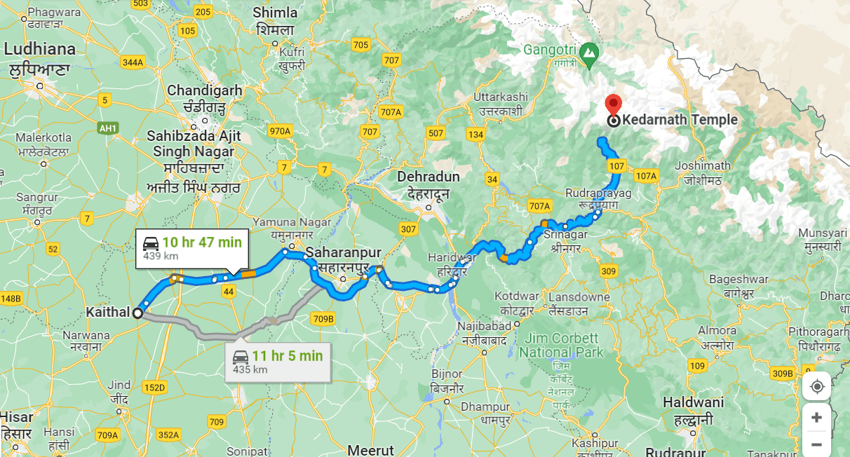 Kaithal to Kedarnath Distance on map