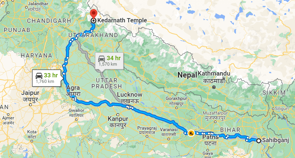 Sahibganj to Kedarnath on map