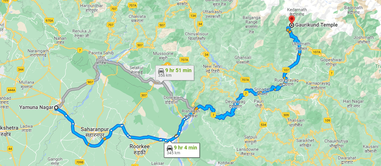 Yamunanagar to kedarnath map