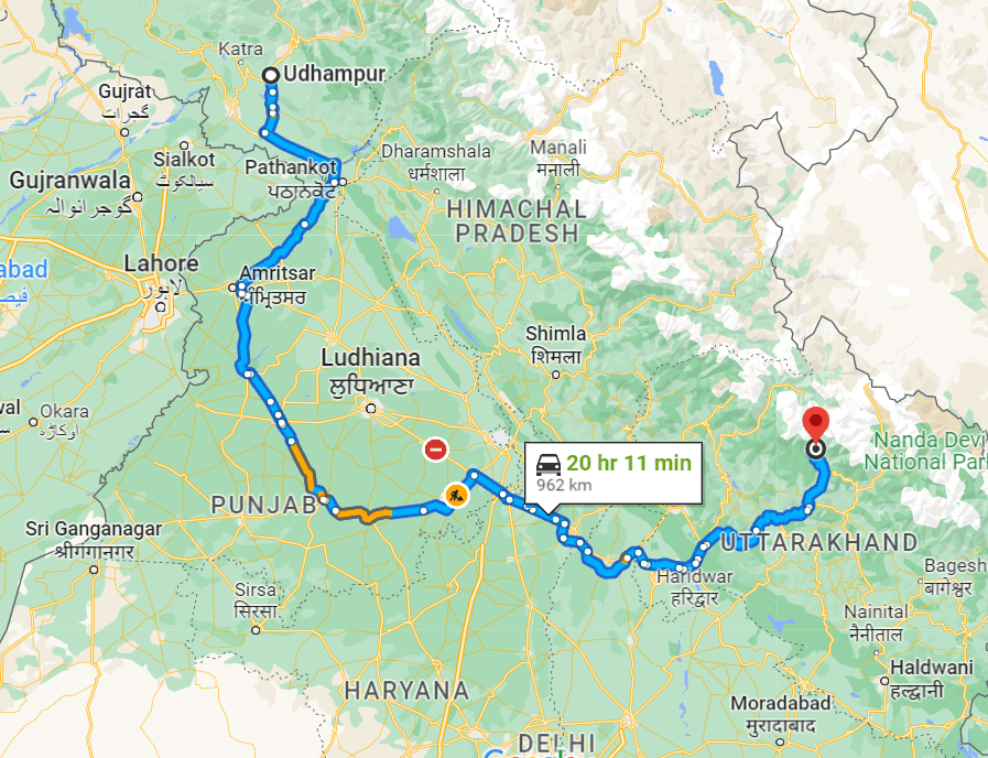 Udhampur to Kedarnath Distance on map