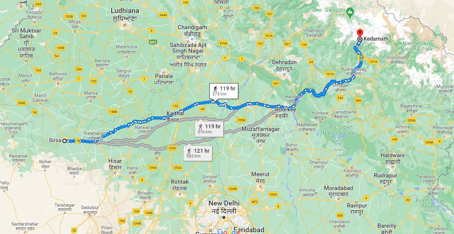 sirsa to kedarnath distance map 