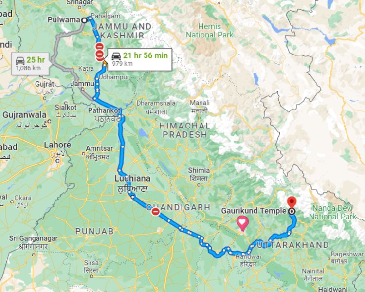 pulwama to kedarnath distance