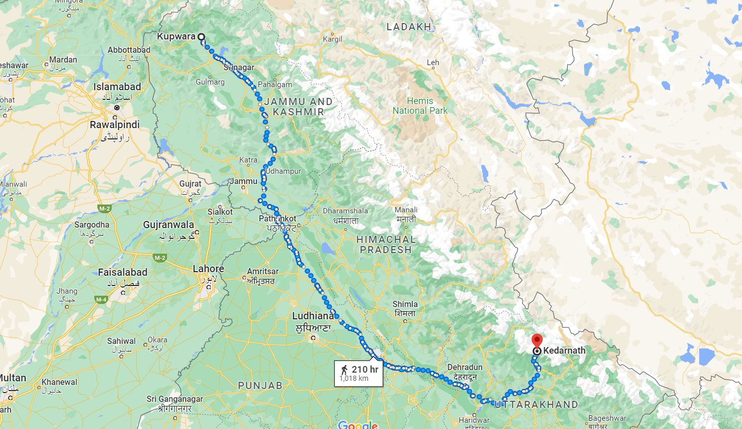 Kupwara to Kedarnath distance map