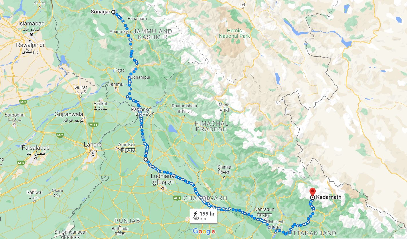 Srinagar to Kedarnath distance Map 