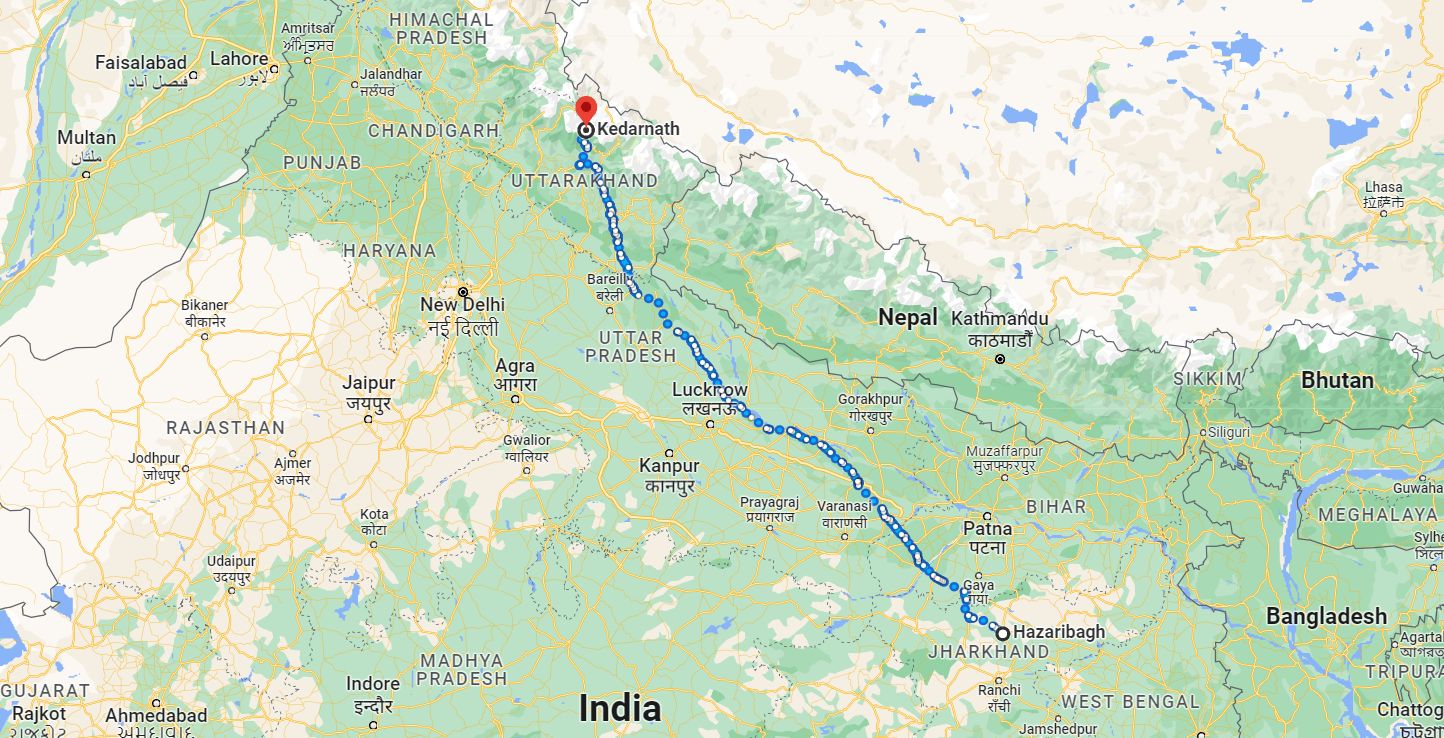 Hazaribagh to Kedarnath distance map