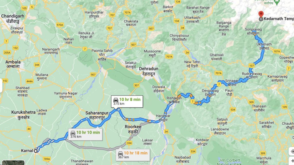 Karnal to Kedarnath distance