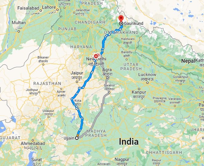 Ujjain to Kedarnath distance map