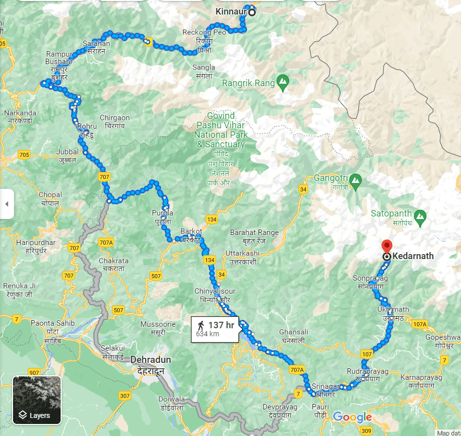 Kinnaur to Kedarnath distance