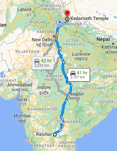 Raichur to Kedarnath distance by road 
