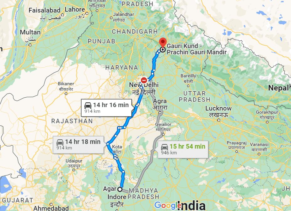 Agar to Kedarnath Distance Map