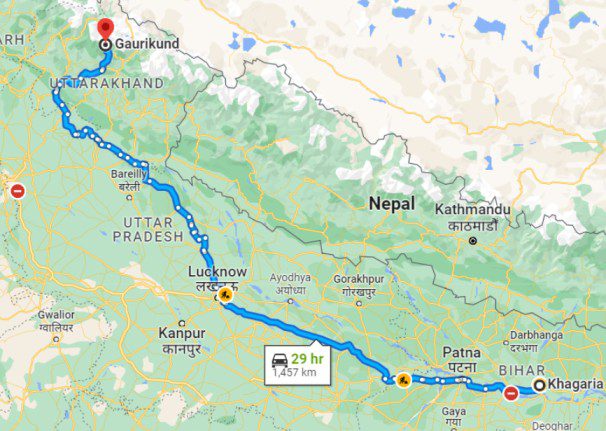 Khagaria to Kedarnath distance.