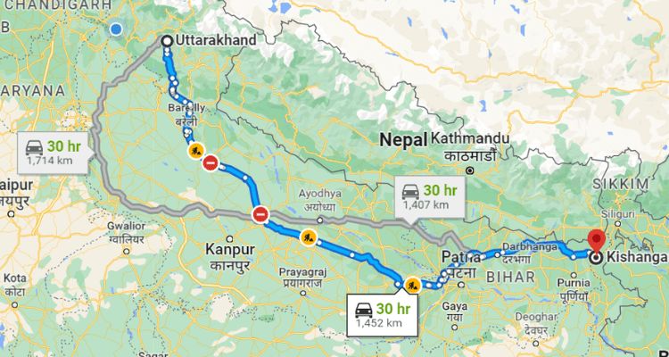 kishanganj to kedarnath distance