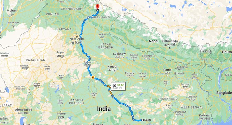 sakti to kedarnath distance on map