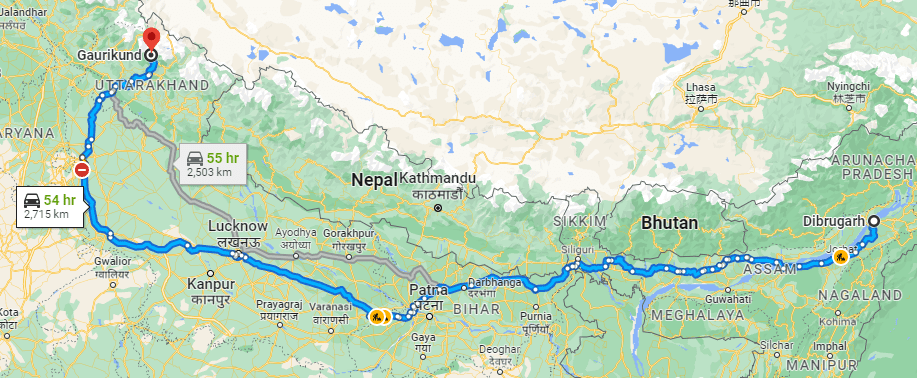 Dibrugarh to Kedarnath distance in map