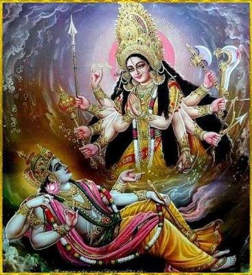 An artistic depiction of Goddess Yogmaya and Lord Krishna 