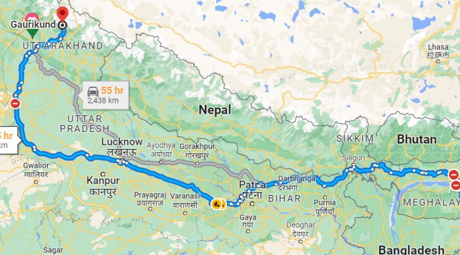 Cachar to Gaurikund distance. Google Map destination.