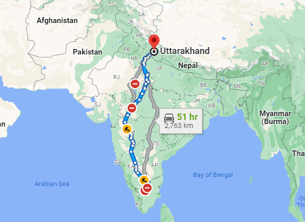 Erode to Kedarnath Map