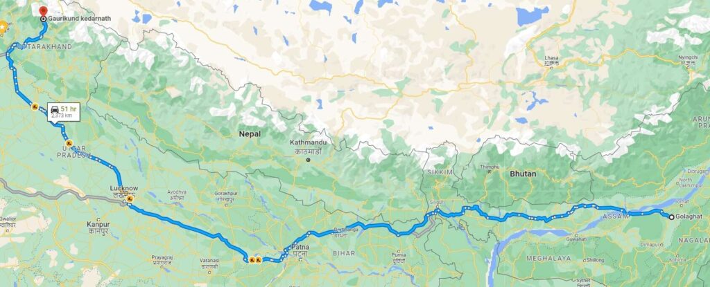 Golaghat to Kedarnath distance on Google maps.