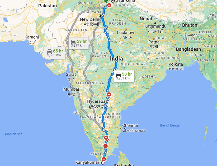 Kanyakumari to Kedarnath Distance Map
