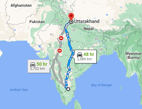 Krishnagiri to Kedarnath Map