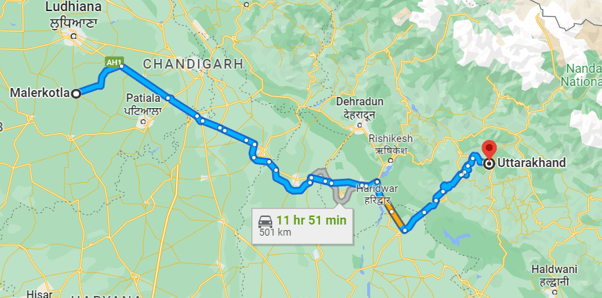 Malerkotla to Kedarnath Map