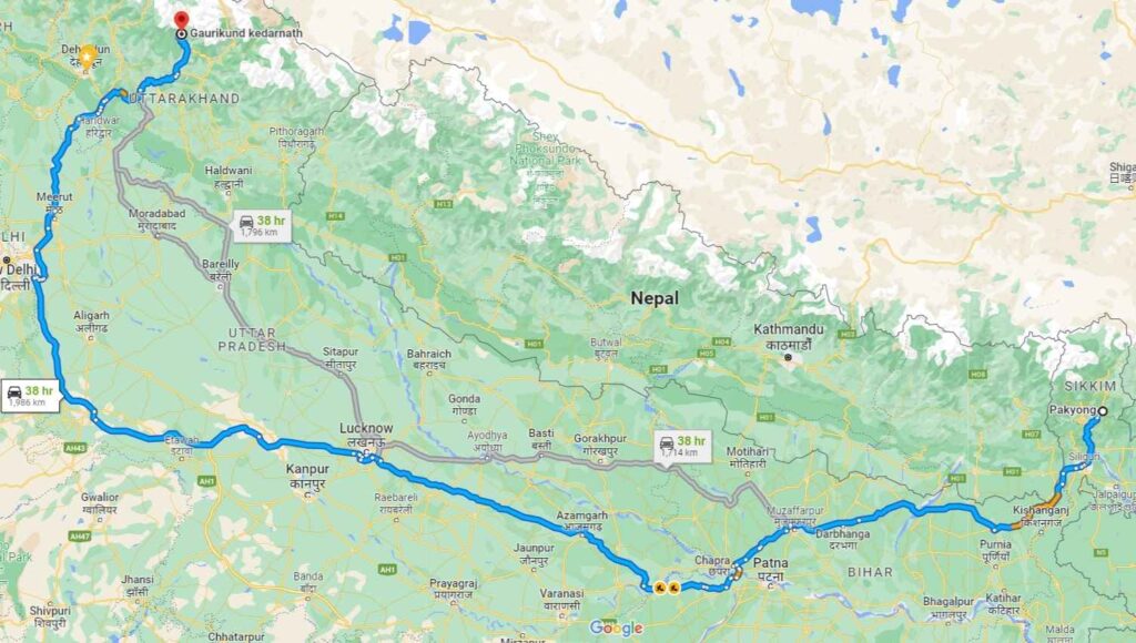Pakyong to Kedarnath distance image by Google map
