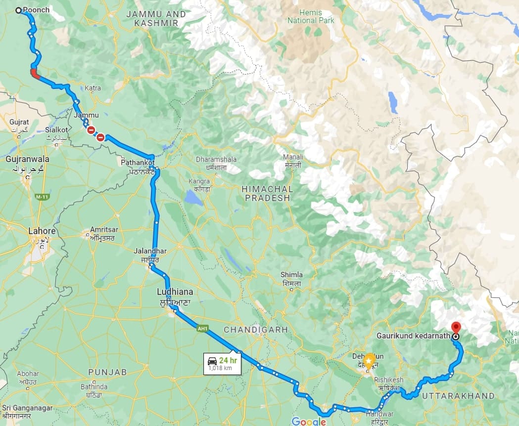 Poonch to Kedarnath distance.