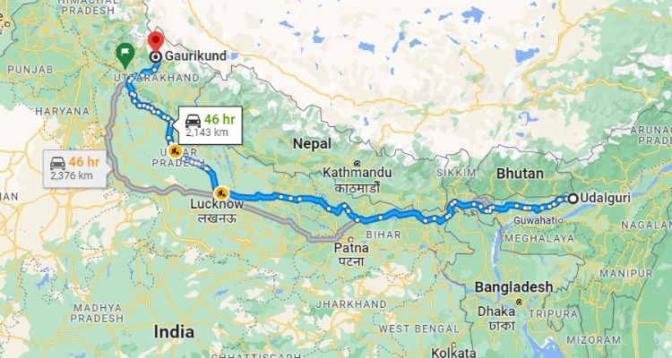 Map for Udalguri To Kedarnath