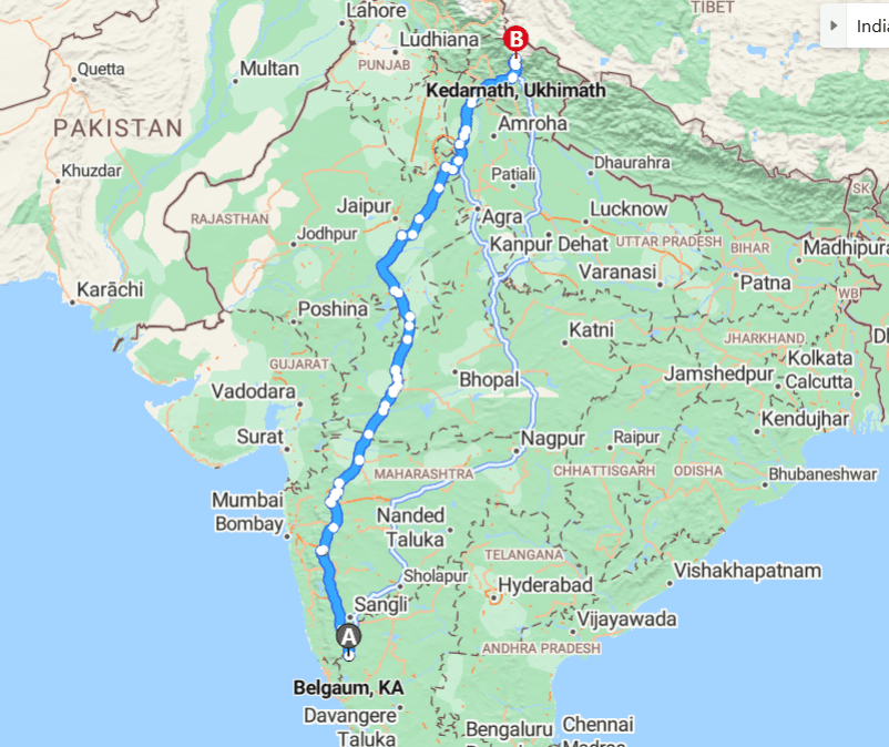 Belgaum to Kedarnath map