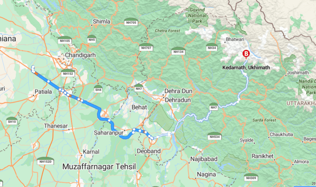 Map from Fategarh Sahib to Kedarnath