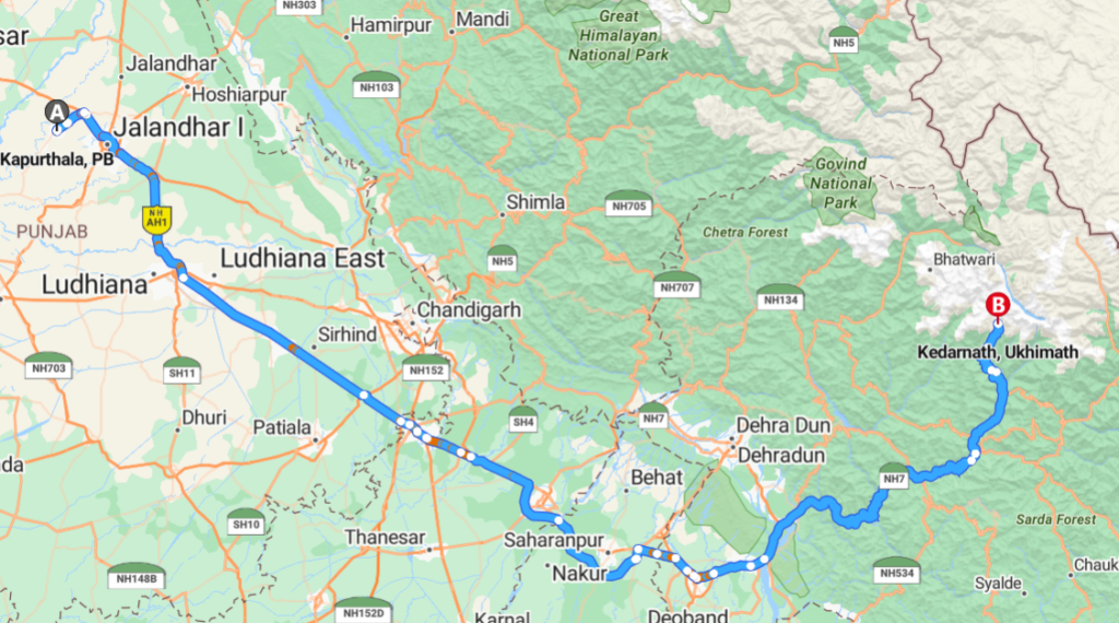 Kapurthala to Kedarnath Map