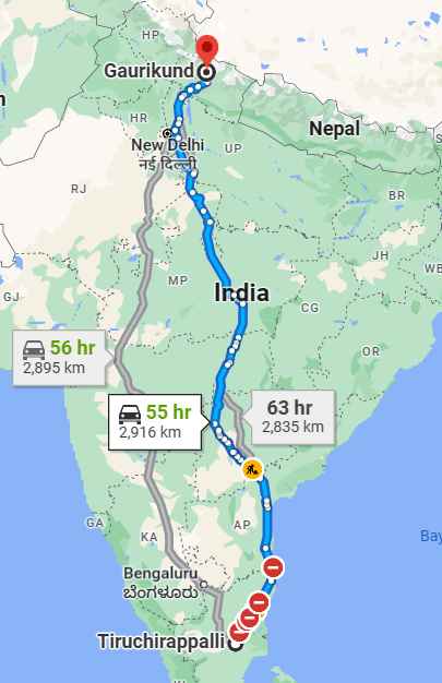 Map for Tiruchirappalli to Kedarnath