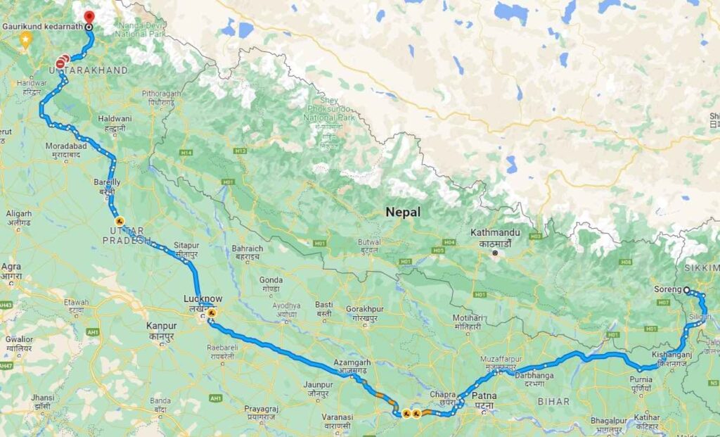 soreng to kedarnath distance image by Google maps