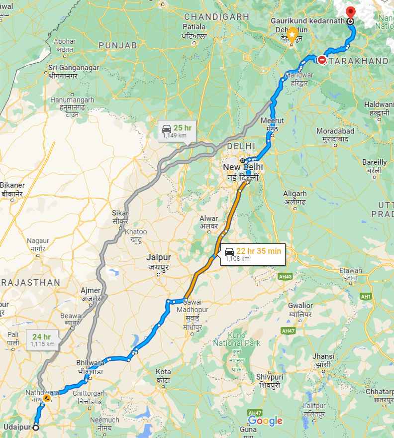 Udaipur to Kedarnath Distance on Google Maps.