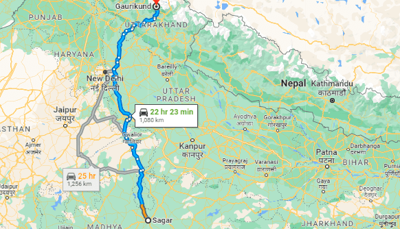 Map Sagar to Kedarnath