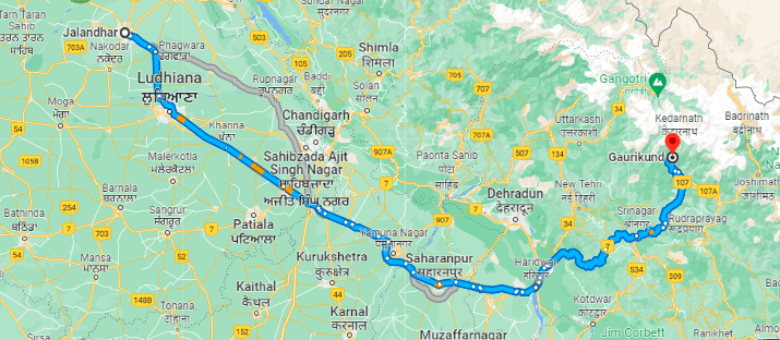 Jalandhar to Kedarnath Map