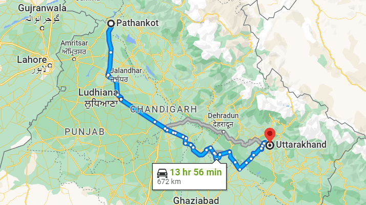 Pathankot to Kedarnath Map