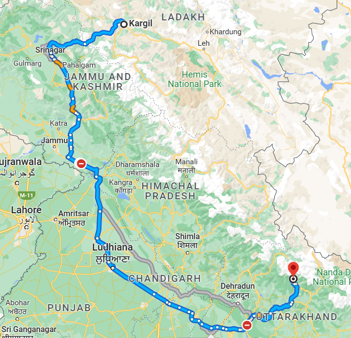 Map from Kargil to Gaurikund