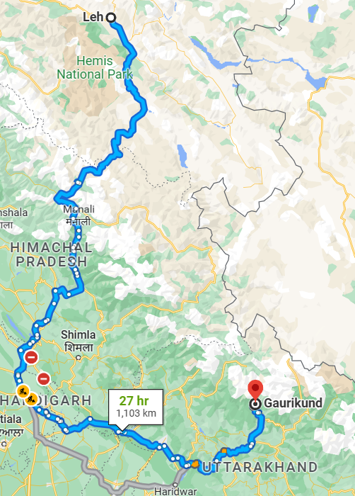 Map For Leh to Kedarnath
