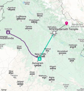 Bathinda to Kedarnath Map