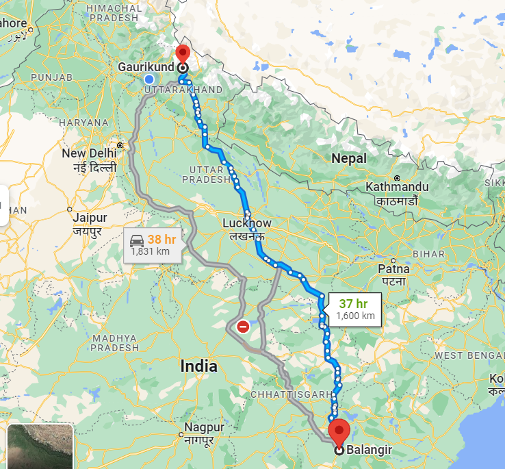 balangir to kedarnath distance 